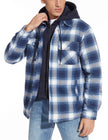 Person wearing a blue and white plaid shirt with a hood on a white background