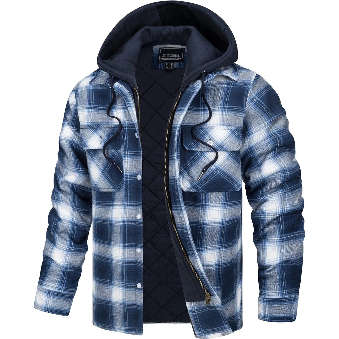Blue and white plaid jacket with a quilted black lining on a white background