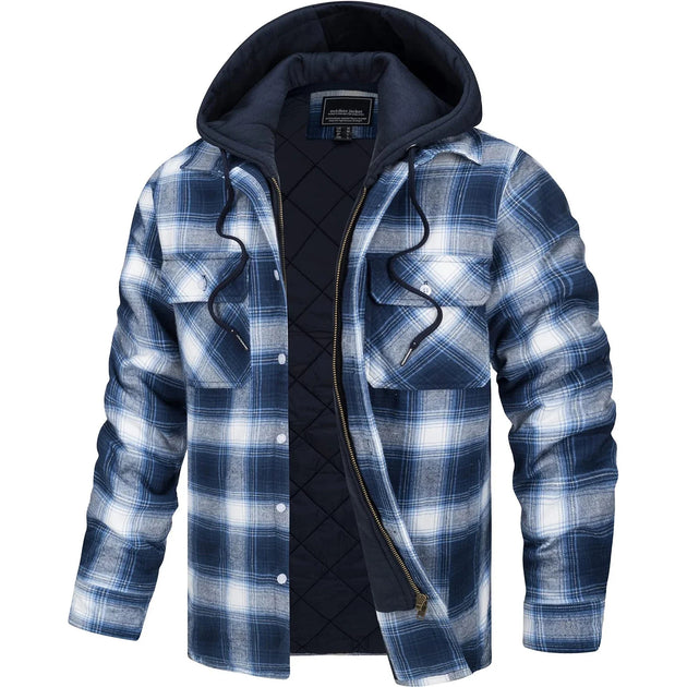Blue and white plaid jacket with a quilted black lining on a white background