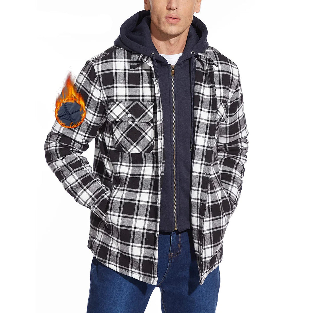 Person wearing a plaid shirt with a flame design on a white background, featuring the Magcomsen brand.