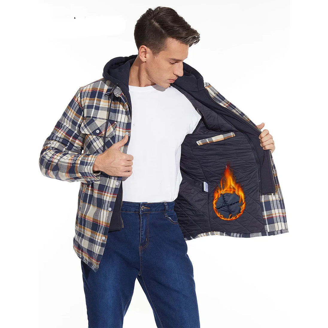 Man opening a plaid jacket to reveal a fire design on a white background, with Magcomsen branding.