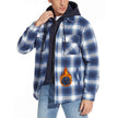 Person wearing a blue plaid shirt with a flame design on a white background, featuring the Magcomsen brand.