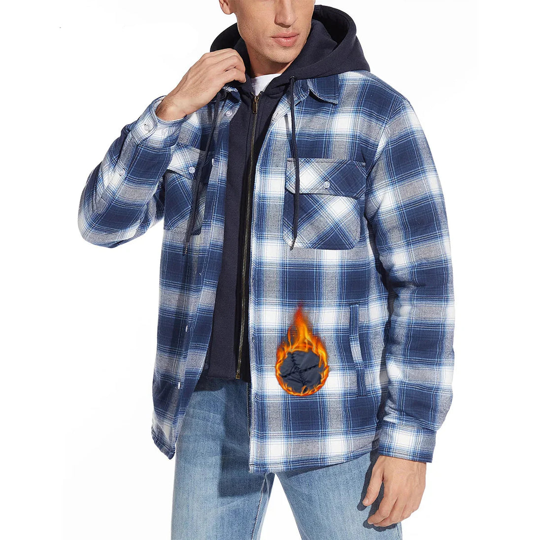 Person wearing a blue plaid shirt with a flame design on a white background, featuring the Magcomsen brand.