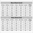Size chart comparing Chinese, US, and European clothing sizes in centimeters and inches.