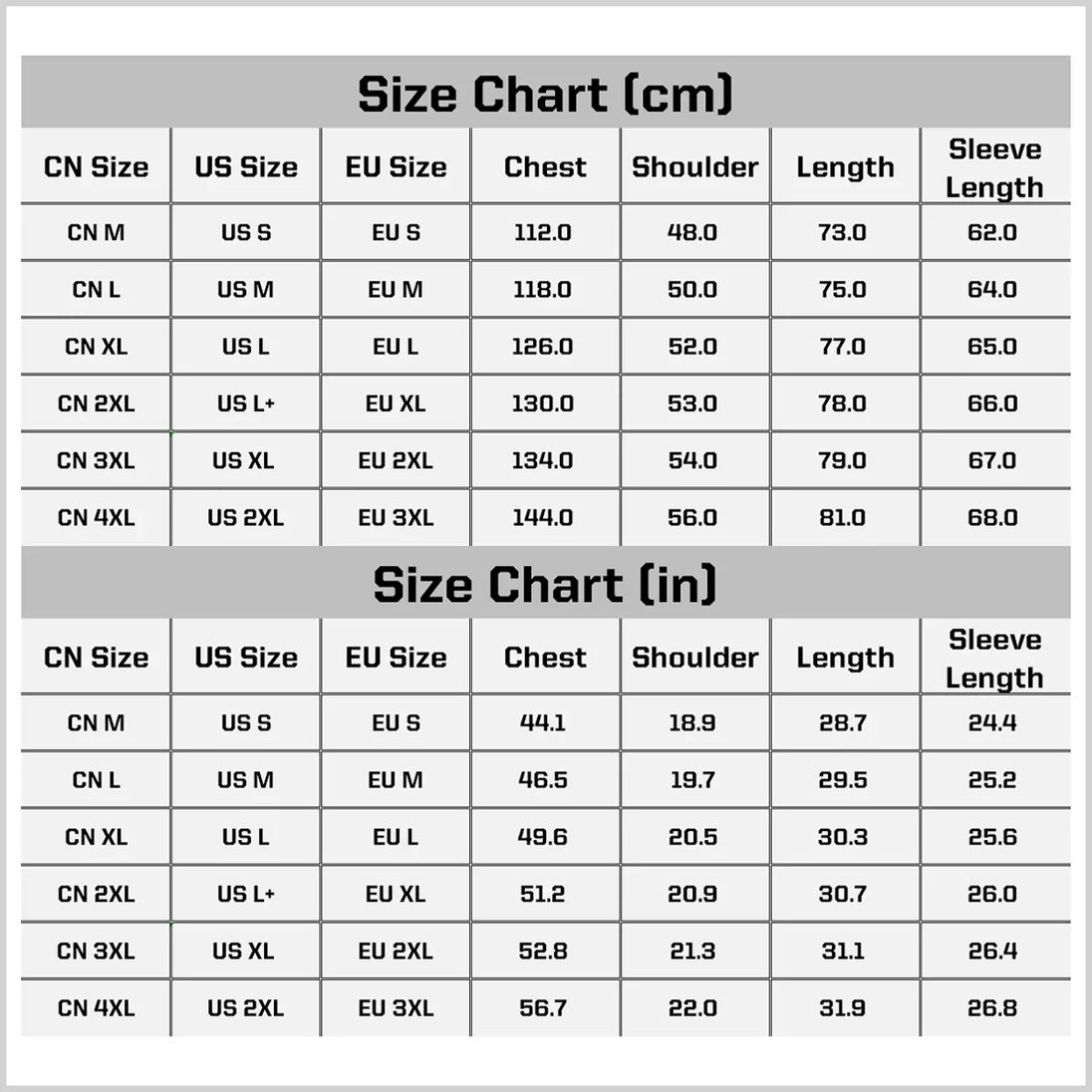 Size chart comparing Chinese, US, and European clothing sizes in centimeters and inches.