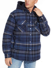 Man wearing a blue plaid jacket with a hood on a white background
