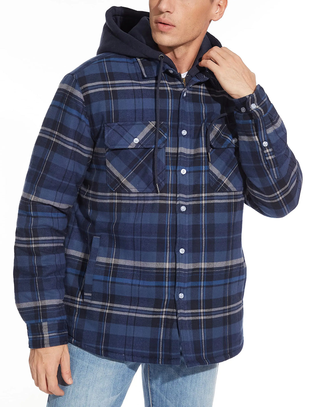 Man wearing a blue plaid jacket with a hood on a white background