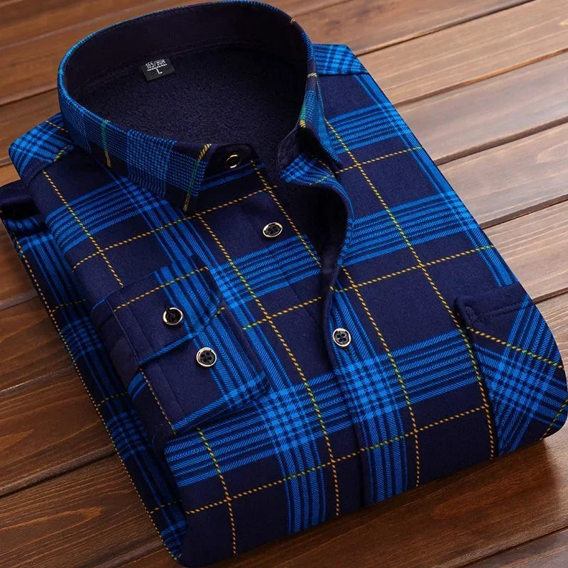 Blue plaid shirt on a wooden surface