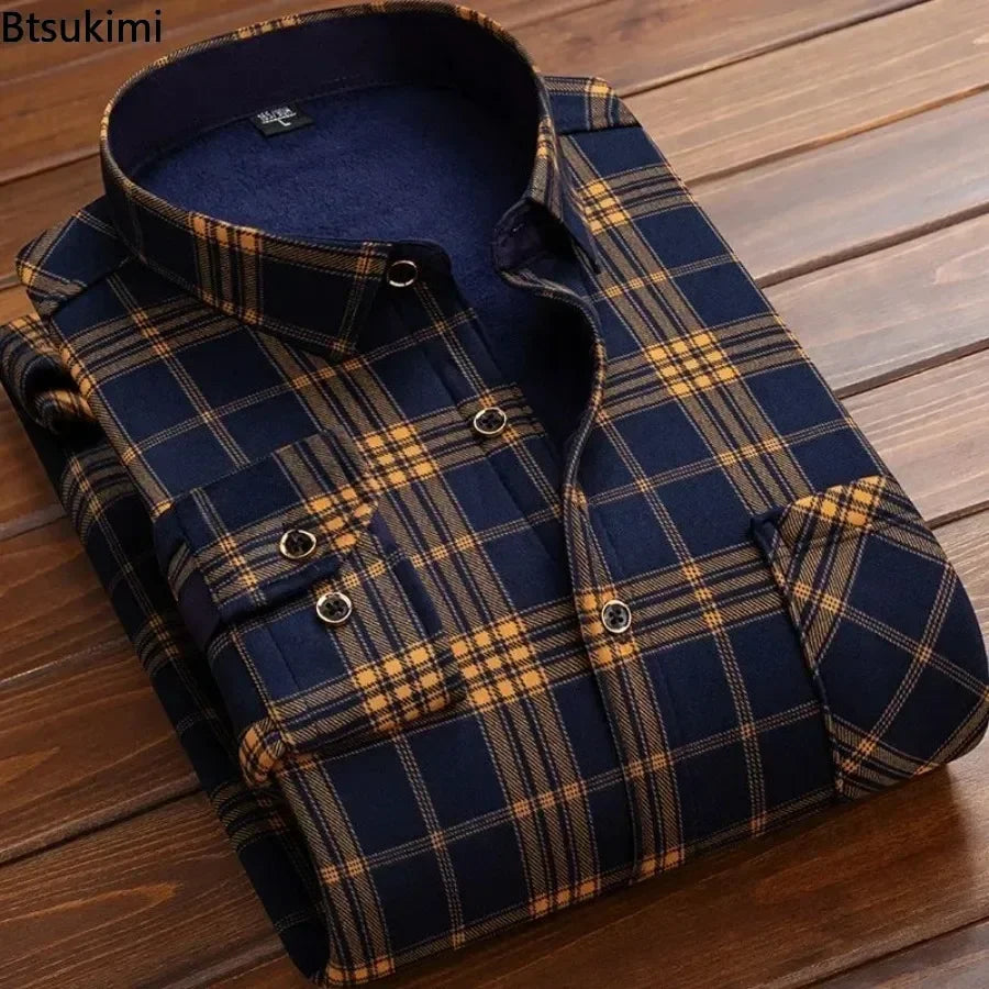 Folded blue and yellow plaid shirt on a wooden surface with 'Btsukimi' branding.