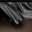 Close-up of a black leather jacket with zipper detail on a dark background