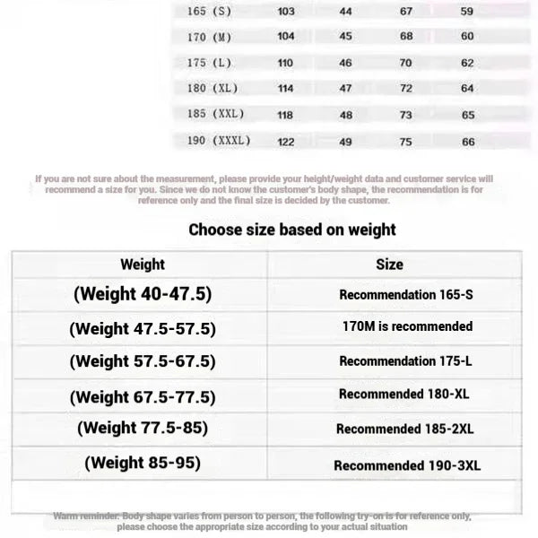 Size chart for clothing based on weight