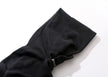 Black hooded garment on a mannequin against a white background