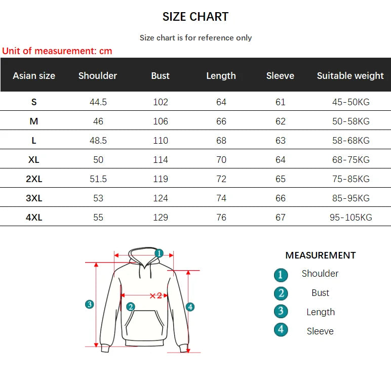 Size chart for a hoodie with measurements in centimeters and weight ranges.