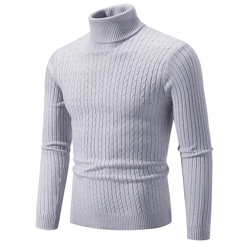 Light gray turtleneck sweater on a white background