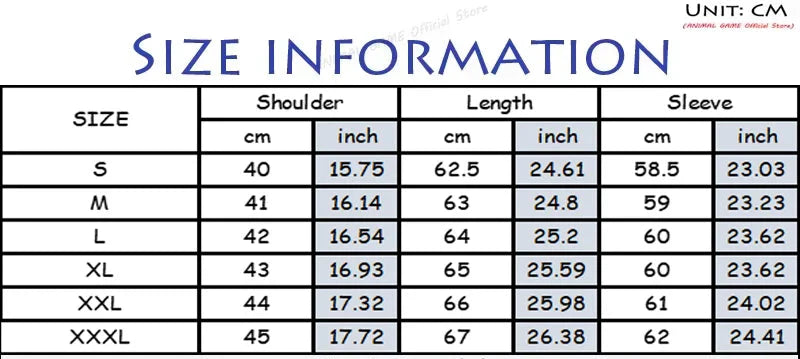 Size chart for clothing with measurements in centimeters and inches.