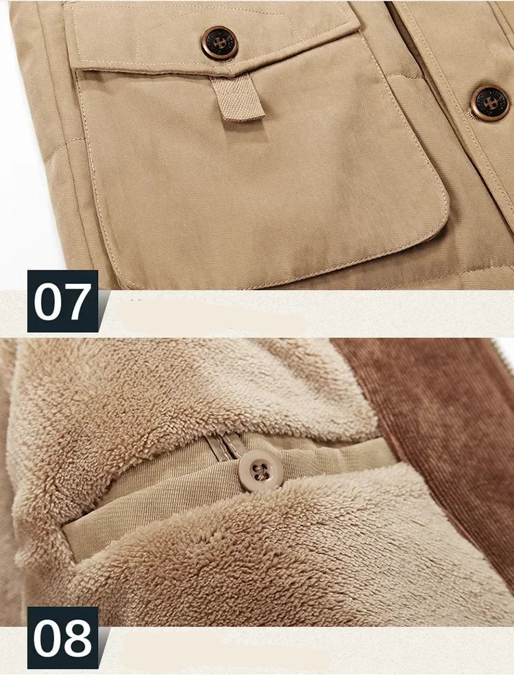 Close-up of a beige jacket with buttons and pockets, featuring text in Chinese.