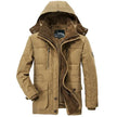 Tan winter jacket with a hood on a white background