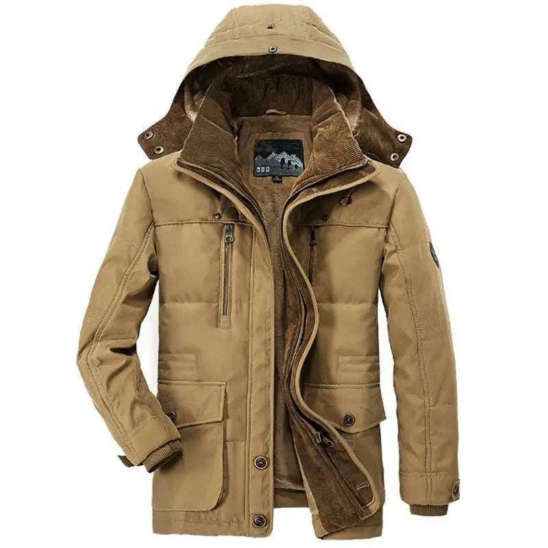 Tan winter jacket with a hood on a white background