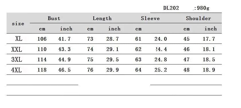 Table displaying size chart for a garment with measurements in centimeters and inches.