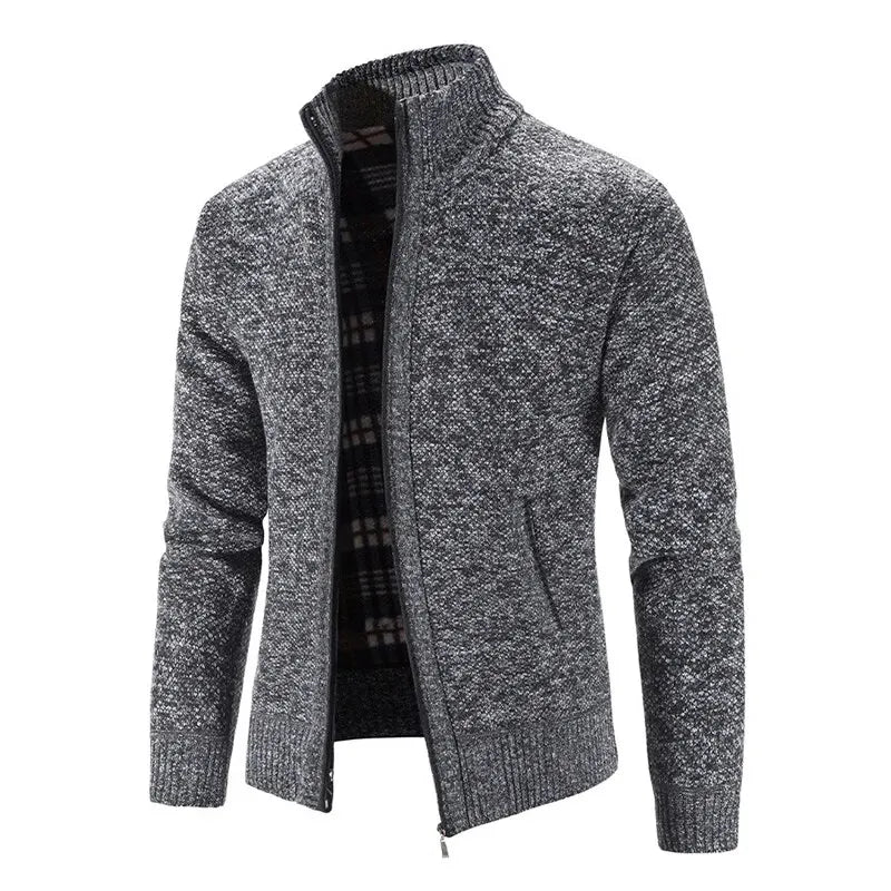 Gray knitted jacket with a plaid lining on a white background