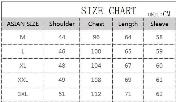 Size chart for Asian clothing measurements in centimeters