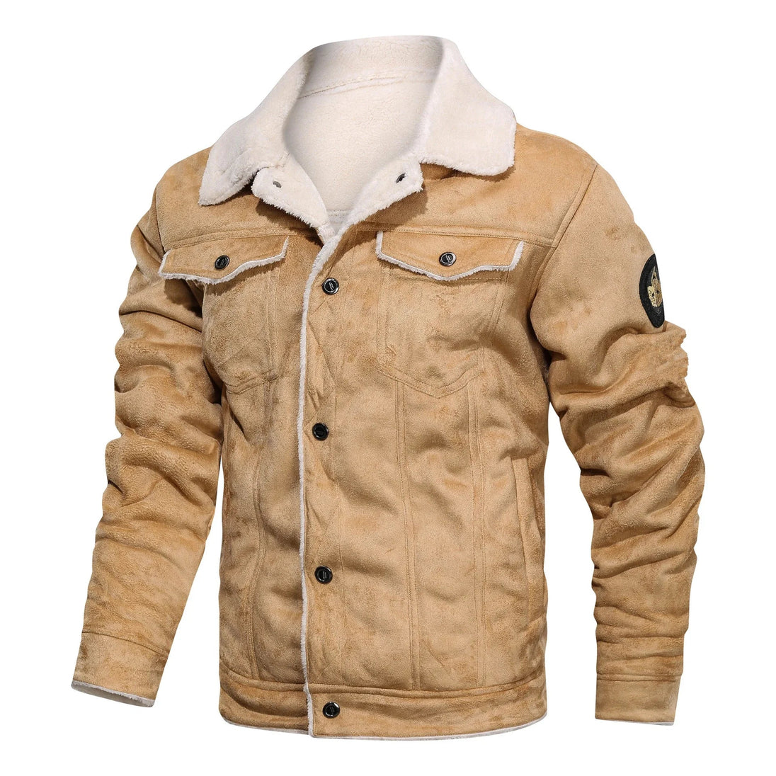 Beige jacket with white fur lining on a white background