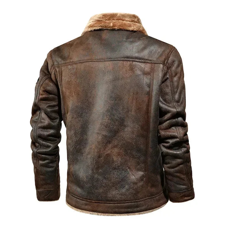Brown leather jacket with fur collar on a white background