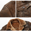 Brown leather jacket with fur lining, showing close-up details on a white background.