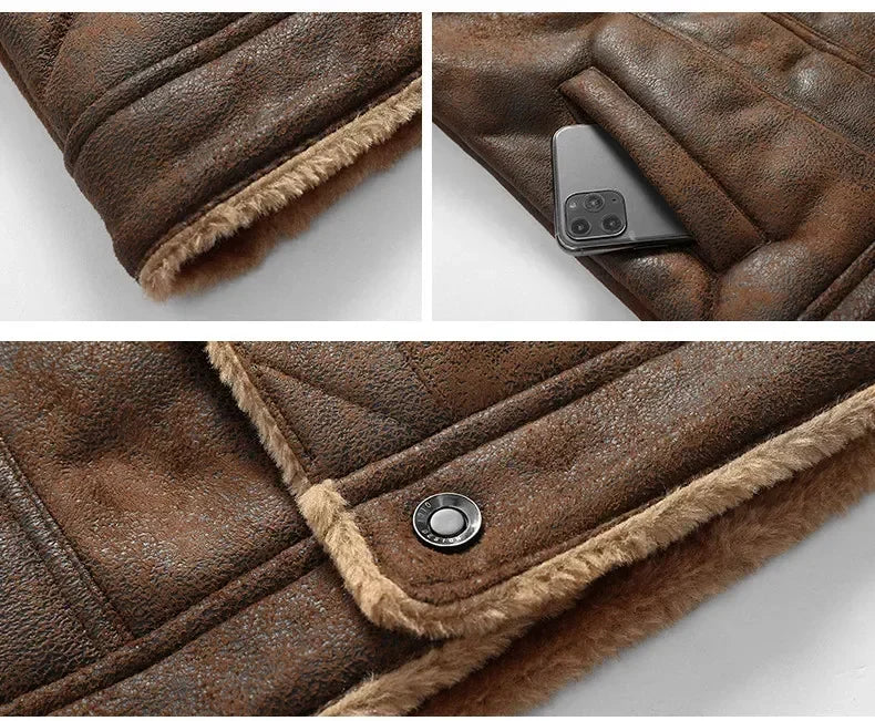 Brown leather jacket with fur lining, button, and phone pocket on a light gray background