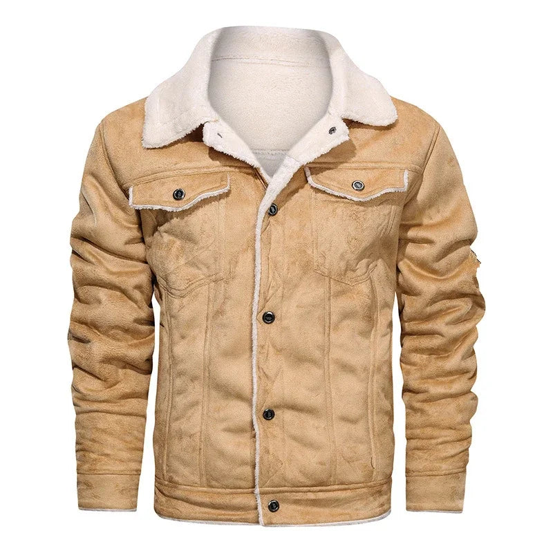 Beige jacket with white sherpa lining on a mannequin against a white background