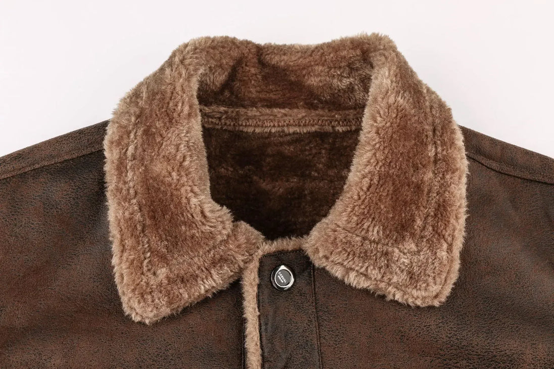 Brown jacket with a fluffy collar on a beige background