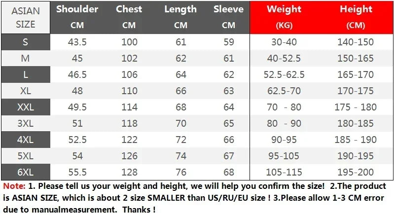 Size chart for Asian clothing with measurements in centimeters and weight in kilograms.