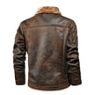 Brown leather jacket with fur collar on a white background, featuring text about the product.