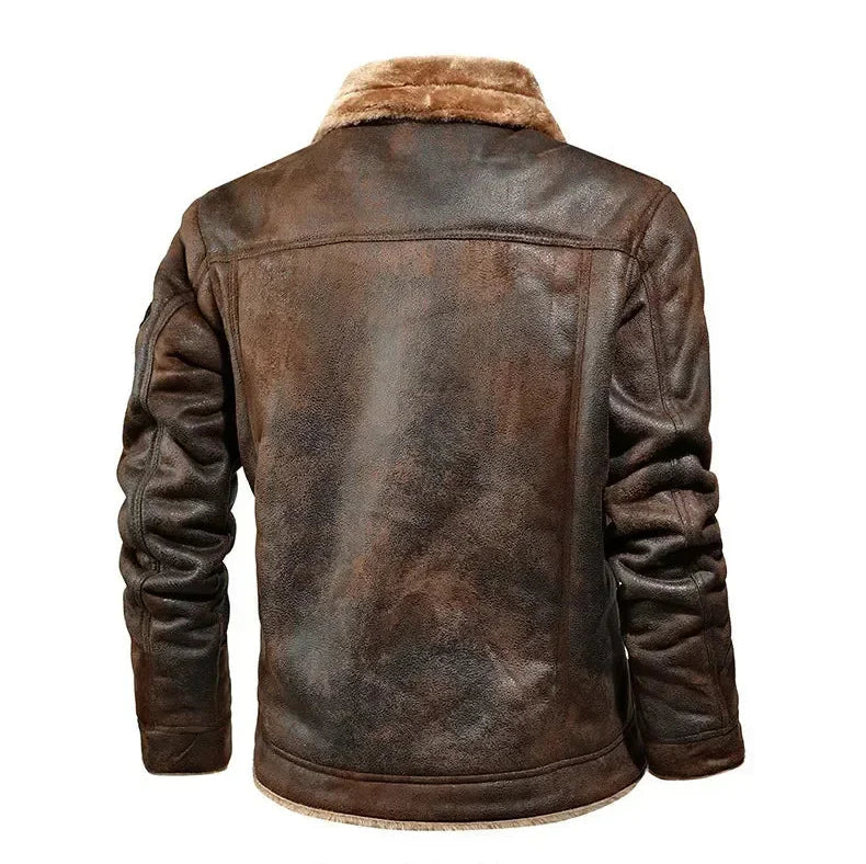 Brown leather jacket with fur collar on a white background, featuring text about the product.