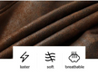 Brown leather fabric with luster, softness, and breathability icons, and text about environmentally friendly PU leather.