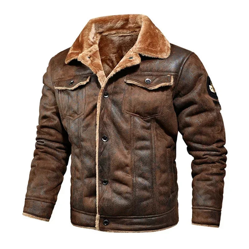 Brown leather jacket with fur lining on a white background