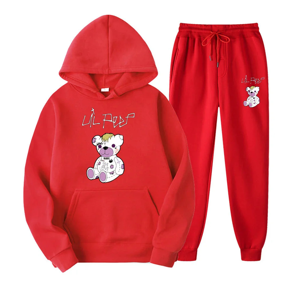 Red hoodie and red pants with a bear design on a white background