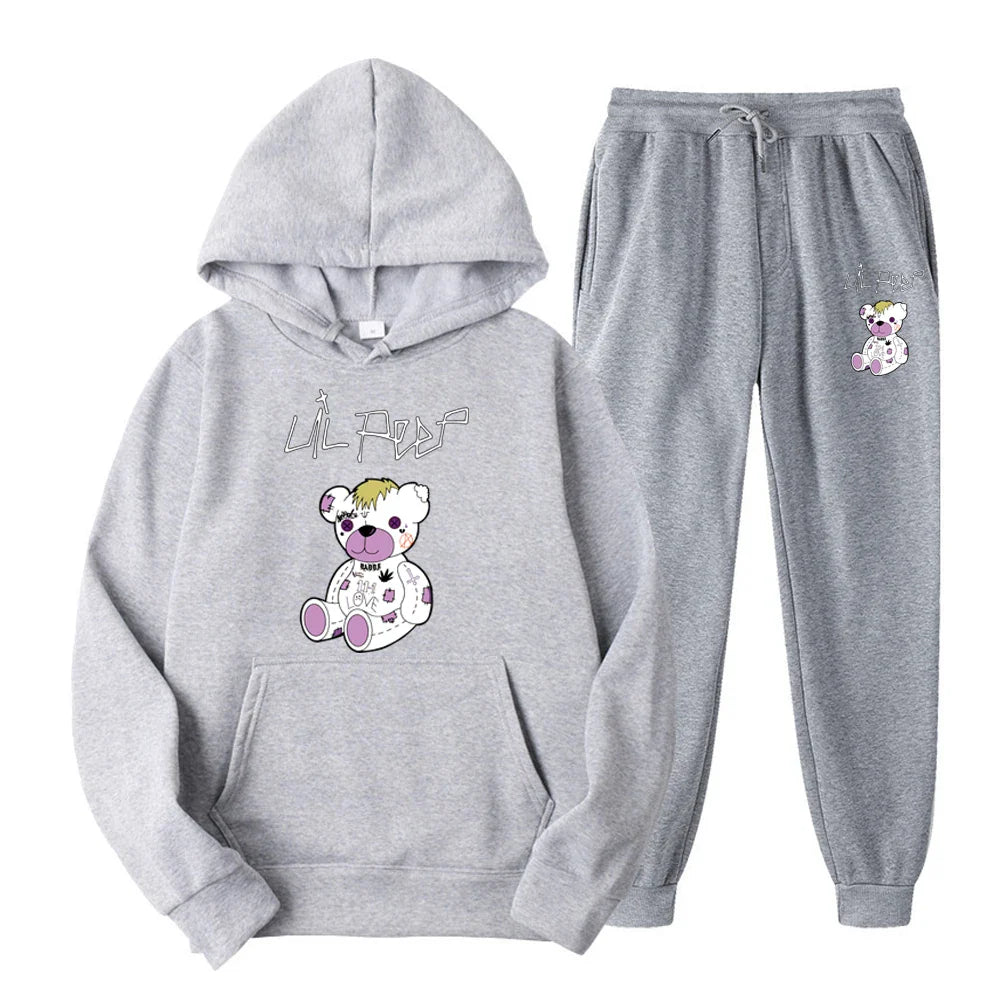 Gray hoodie and jogger pants set with teddy bear design on a white background