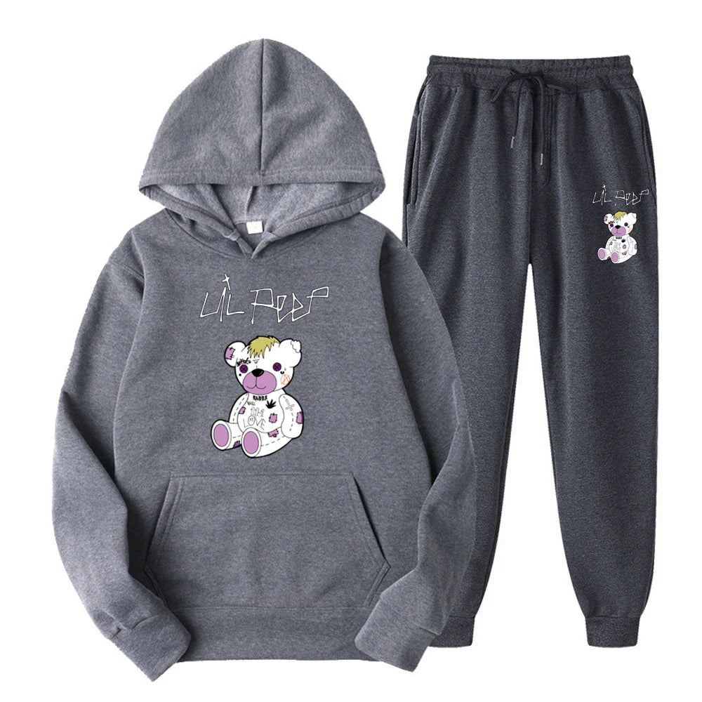 Gray hoodie and jogger pants set with teddy bear design on a white background
