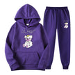 Purple hoodie and pants set with a teddy bear design on a white background