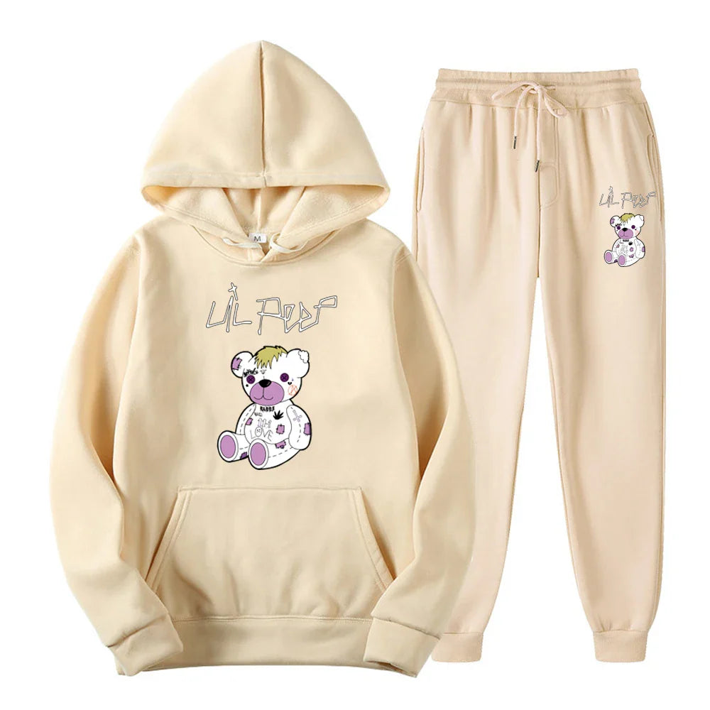 Beige hoodie and pants set with a bear graphic and 'LIL REEF' text on a white background