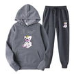 Gray hoodie and jogger pants set with teddy bear design on a white background