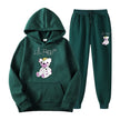 Green hoodie and jogger set with a teddy bear design on a white background