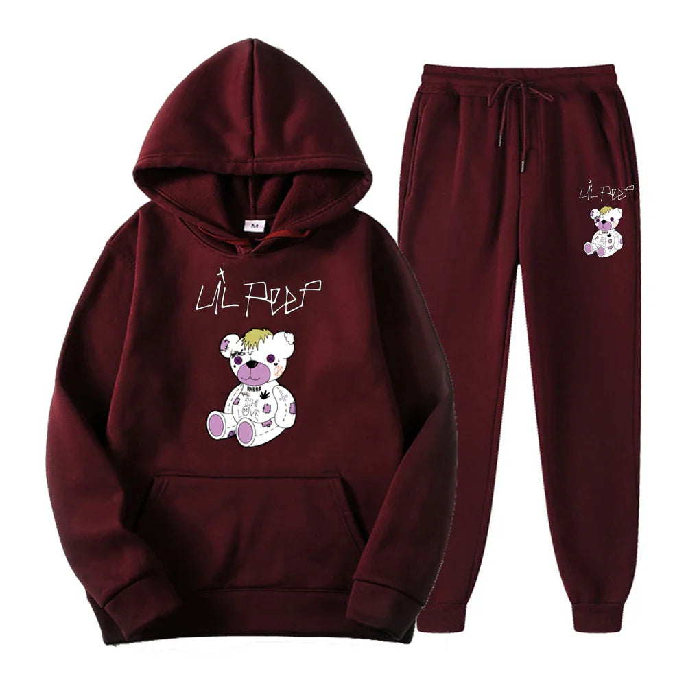Maroon hoodie and pants set with teddy bear design on a white background