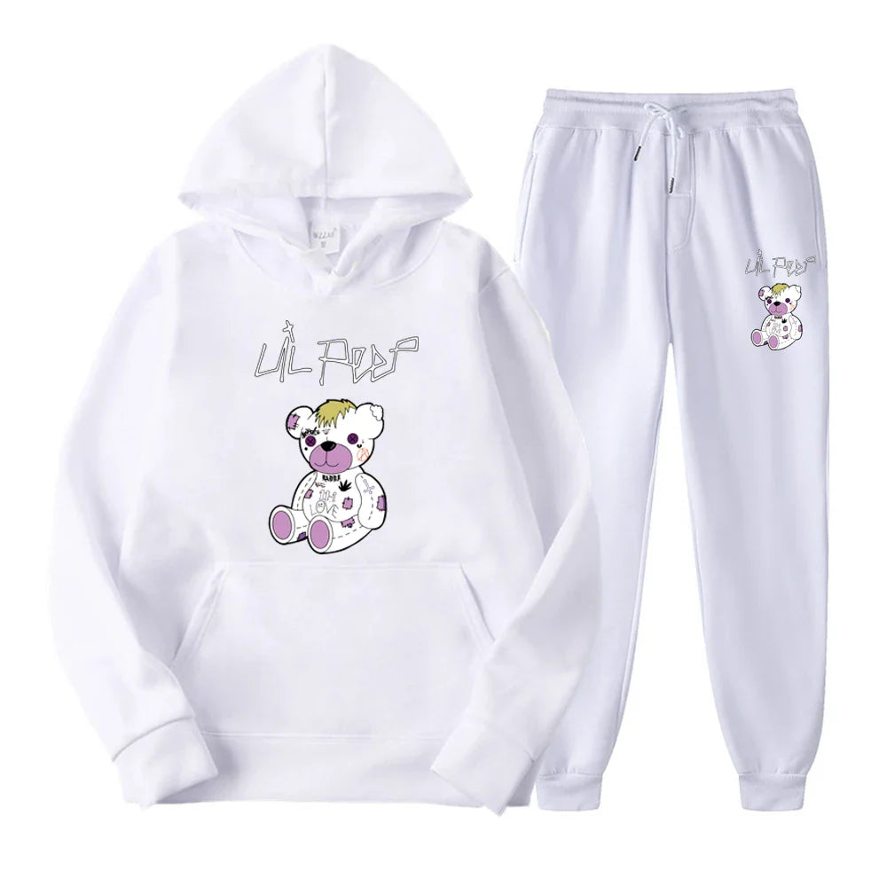 White hoodie and pants set with teddy bear design and 'Lil Peep' text on a white background
