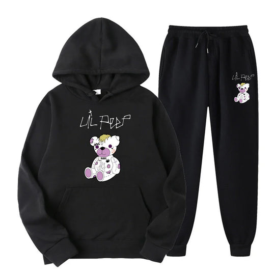 Black hoodie and pants set with a teddy bear design and text on a white background