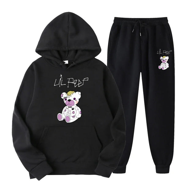 Black hoodie and pants set with a teddy bear design and text on a white background