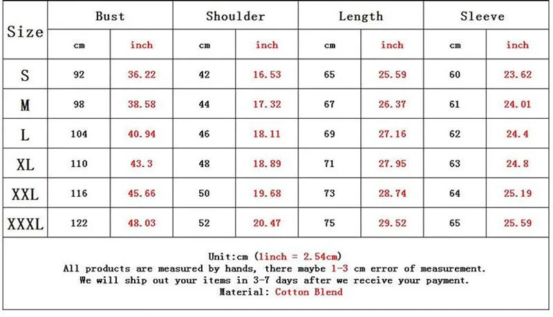 Size chart for clothing with Asian measurements