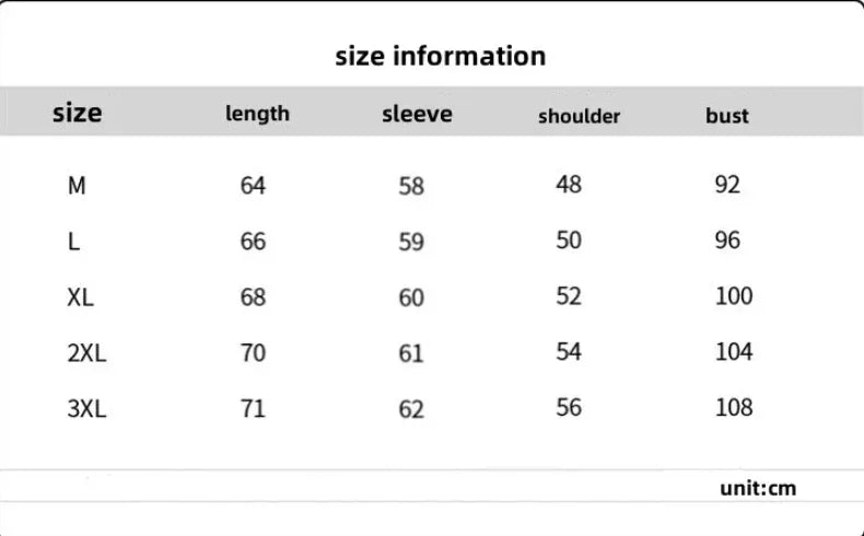 Size information chart with measurements in centimeters for different clothing sizes.