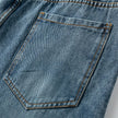 Close-up of a blue denim pocket with stitching details